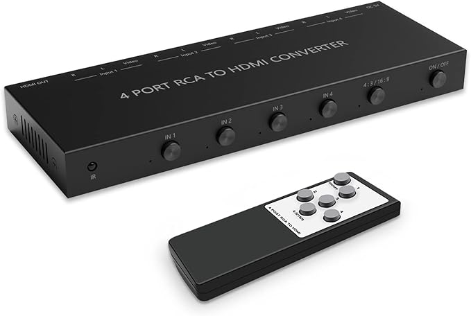 4 Port RCA to HDMI Converter 1080P/720P RCA Composite CVBS AV Switch to HDMI Converter Adapter Support 4:3/16:9 Switch, for Sega Xbox PS1 PS2 PS3 N64 NGC SNES WII VHS VCR Camera DVD(With Remote）