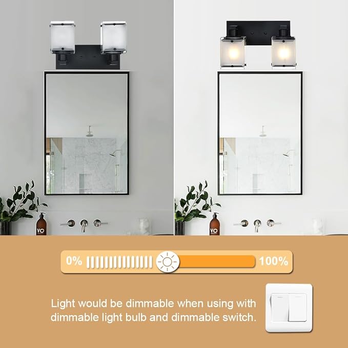 WINSHEN Black Wall Sconce Lighting, 2-Light Bathroom Vanity Light Fixture Wall Mount Lamp Over Mirror for Bedroom Bedside Studty Living Room, Rectangular Frosted Glass Shade
