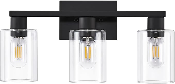 SOPEAS 3-Light Bathroom Vanity Light, Black Vanity Lights with Clear Glass Shades, Bathroom Wall Sconce Lamp for Mirror Living Room Bedroom Hallway