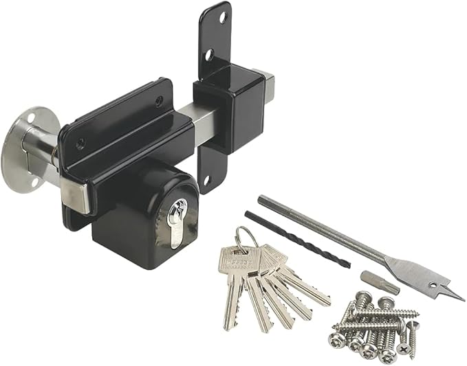 GateMate Long Throw Gate Lock 1490096, Euro Profile Keyed Both Sides Gate Lock for Sheds, Gates & Garage Doors, 316 Stainless Steel, for Wooden Gates & Doors Up to 2 ¾” Thick (70mm), Black, 5 Keys