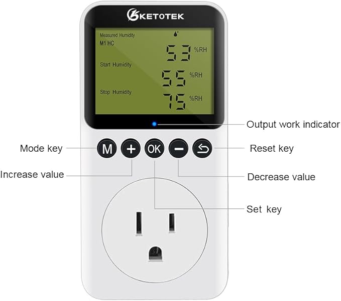 KETOTEK Digital Humidity Controller Outlet Plug with Sensor Probe, 120V Humidistat Controller Plug for Reptile Mushroom Greenhouse, Humidity Switch Outlet