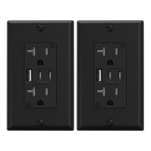 ELEGRP USB Outlets, 20 Amp Wall Outlet with 3 USB Ports, Dual USB C Ports Outlets, TR Tamper-Resistant USB Outlets Receptacles, Wall Plate Included, UL/CUL Listed, 2 Pack, Black