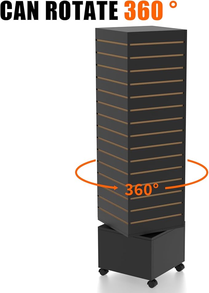 16" W * 16" D * 62" H - Black Slatwall Tower, Four Panel Slatwall Retail Fixture, Rotating Retail Display Rack
