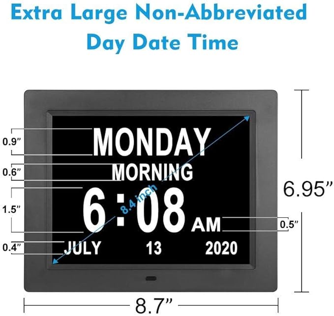ybest Extra Large Day Date Time Digital Day of Week Clock 8 Alarm Option for Seniors Elderly with Impaired Vision Memory Loss Demenita Clocks