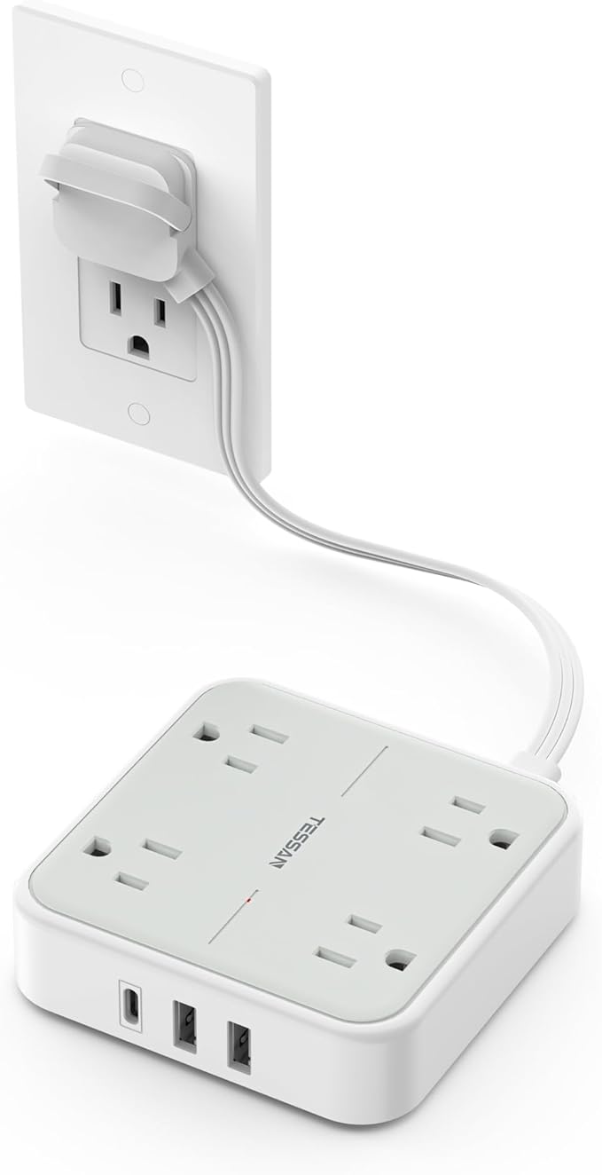 TESSAN Short Extension Cord, 1 Ft Ring Pull Surge Protector Power Strip with Multiple Outlets, 3 USB (1 USB C) 4 Outlets, 900J Surge Protection, Desktop Charging Station for Home, Office, Dorm Room