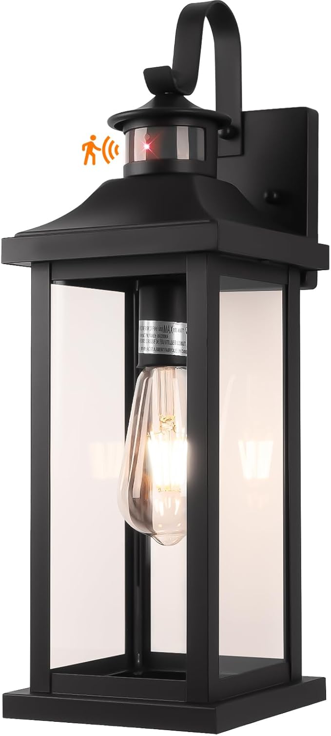 Roravilila 1-Pack 18 Inch Motion Sensor Front Porch Light IP65 Waterproof, Large Black Dusk to Dawn Outdoor Wall Lighting for House Exterior Light Fixture Clear Glass Garage Coach Light, E26 Bulb Base