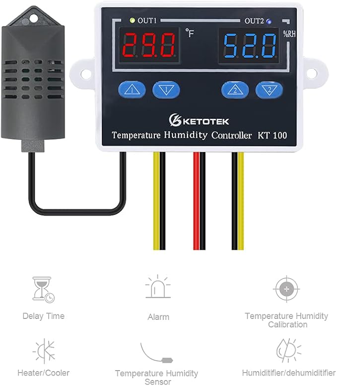 KETOTEK Temperature Humidity Controller Digital Thermostat Module 120V, Heating Cooling Humidification and dehumidification Control 110V 10A, Fahrenheit Display