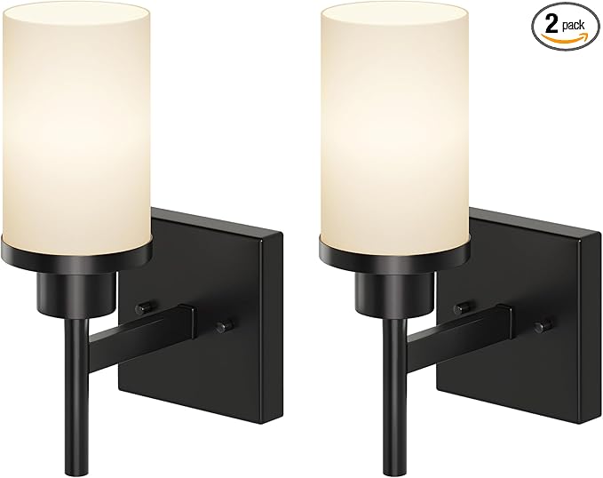 AONEON Wall Light Fixtures Matte Black Bathroom Vanity Lights Over Mirror with White Frosted Glass Shade, Wall Lamps for Porch Entrance, 2 Pack T001MB-L1-P2