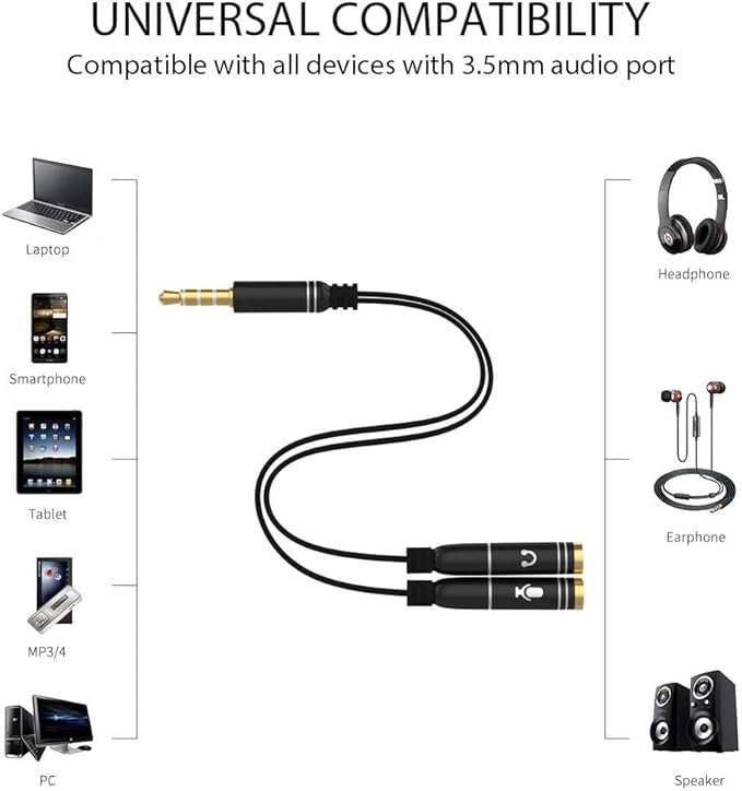 Headphone Splitter Adapter, 3.5mm Audio + Mic 4 Pole TRRS Splitter (3.5mm Male to 2X 3.5mm Female) Jack Y Cable Compatible for Gaming Headset to PS4/Xbox One/Phone/Laptop CTIA - 8inch/20CM