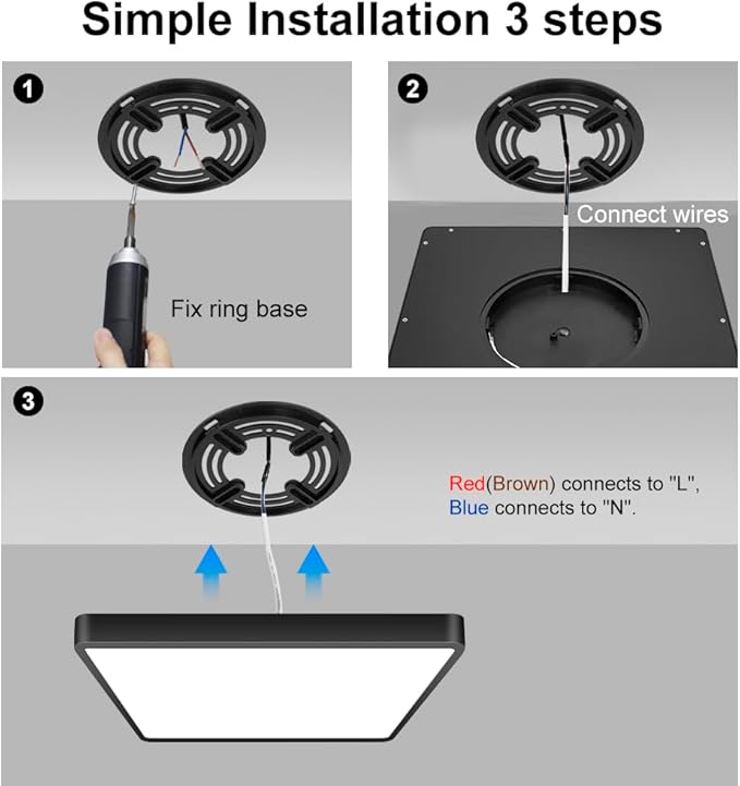 12inch 24W LED Flush Mount Ceiling Light, 4000K Square LED Ceiling Light, Black Flat Panel Lighting for Bedroom, Kitchen, Living Room