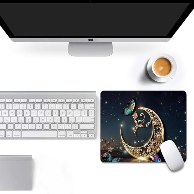 Golden Retro Fantasy Starry Moon Butterfly Square Mouse pad, Texture, Waterproof, Anti Slip Rubber Base, Computer Mouse pad