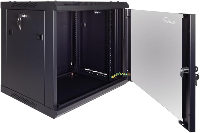 NavePoint 9U Server Cabinet Wall Mount Rack Enclosure Includes 2 Fans, Locking Glass Door, Removable Side Panels – 9U Network Cabinet 17.7” Deep, 19 Inch Server Rack for IT and A/V Equipment