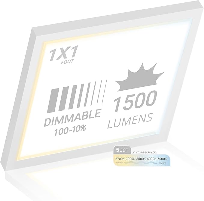NUWATT 1x1 FT LED Square Surface Mount Panel, 5CCT 2700K/3000K/3500K/4000K/5000K Selectable, 1500LM 18W, Internal Driver, Dimmable Flat Panel, 120V, CRI90, 12" Inch Flush Mount Ceiling Light, 1" Thick