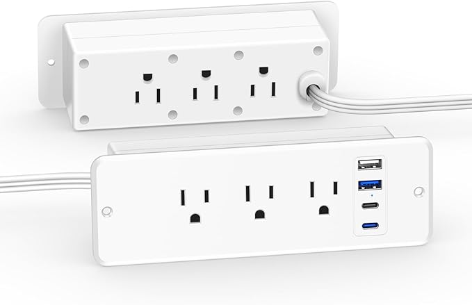 CCCEI 6 Outlets Dual Side Recessed Power Strip with USB C Ports, Furniture Flush Mount, Under Desk, Desk Top Multiple Outlets, Hidden Charging Station for Conference Table, Nightstand, White. 10FT.