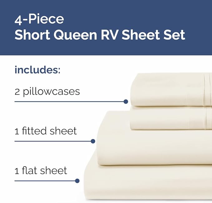 RV Short Queen Sheet Set 60 X 75 - 4 Piece RV Short Queen Bed Sheets - Soft, Breathable & Cooling - Designed for Bunks, Trailers & Campers - Fits 8” to 12" Mattress - Hotel Luxury Bedding - Off White