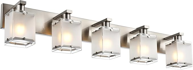 WINSHEN 5-Lights Bathroom Vanity Light Fixtures, Modern Brushed Nickel Wall Sconce Lighting with Rectangular Frosted Glass Shades, E26 Bulb Base