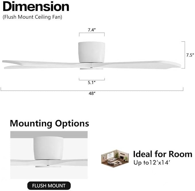 WINGBO 48" Flush Mount DC Ceiling Fans Without Lights, 5 Carved Solid Wood Blades, 6-Speed Reversible DC Motor, Low Profile Hugger Ceiling Fan No Lights for Living Room Bedroom Patio, Gloss White