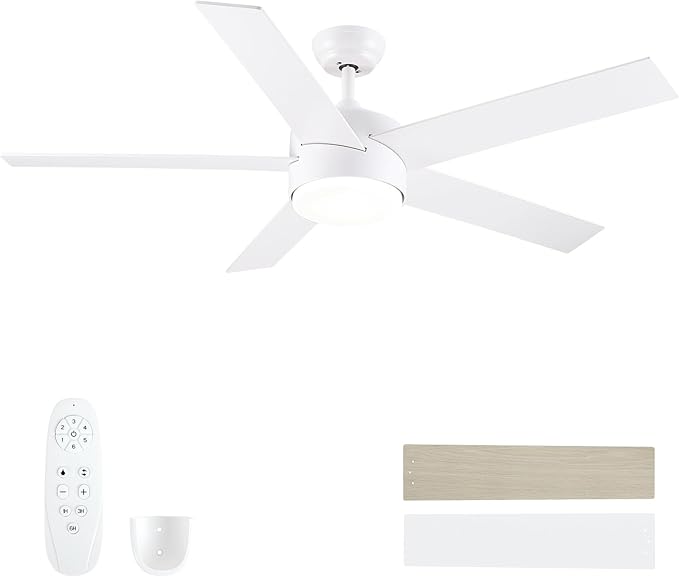 POCHFAN 52 inch White Ceiling Fans with Lights and Remote, Reversible 5 Blades Modern Ceiling Fan for Bedroom, Living Room, Dining Room, LED 3 CCT 6-Speed Noiseless, ETL Listed