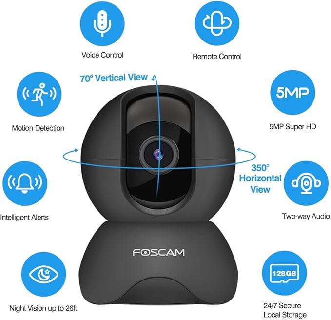 FOSCAM 3K 5MP WiFi Pet Cameras for Home Security, 2.4GHz Indoor Camera Baby Monitor with 360° Pan Tilt, 2-Way Audio, 20X Digital Zoom, Night Vision, AI Human Detection, Cloud & SD Card Storage