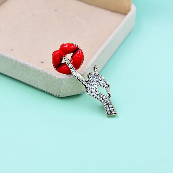 Sexy Red Lips Brooch Rhinestone Quiet Gestures Statement Brooches Lapel Pins Elegant Dress Accessories Suit Tie Art Deco Fashion Imitation Cubic Zirconia Jewelry Lover Gift for Women Girls