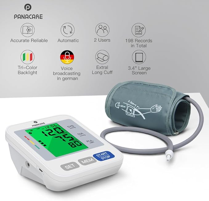 Panacare Blood Pressure Machine, Automatic Upper Arm Blood Pressure Monitor for Home use, 2x99 Readout and BP Cuff, 3.4" 3-Color Backlit Screen, Adjustable Large Cuff (8 to 16 inches), Gray