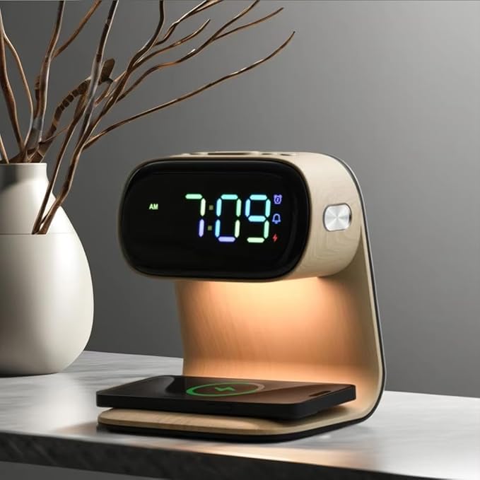 AYI 3in1 Multi-Functional Wireless Charging Alarm Clock Smart Night Light Qi Charger LED Digital Clock Adjustable Light 15W Fast Wireless Charging for All Qi Phone and TWS Headphone Pro Wood Color