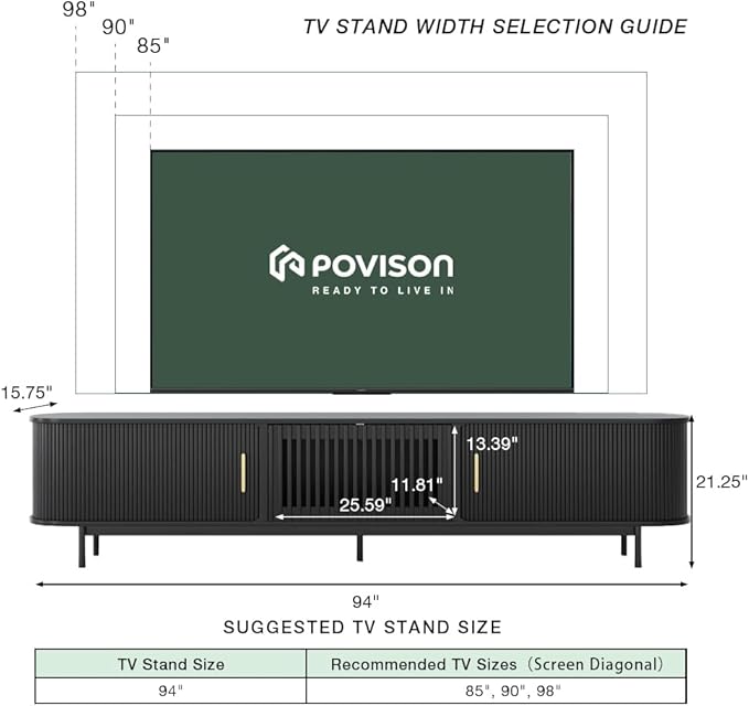 POVISON Sliding Tambour Door TV Stand with LED Lights, Mid Century Modern TV Console, Wood Media Console, Entertainment Center with Storage Cabinet, Fully-Assembled (Black, 94.49")