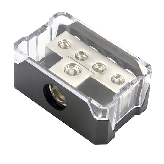 RKURCK 4 Way Power Distribution Block, 0/2/4 AWG Gauge in, 4/8/10 Gauge Out, Car Audio Stereo Amp Distribution Connecting Block for Audio Splitter (1 in 4 Out)