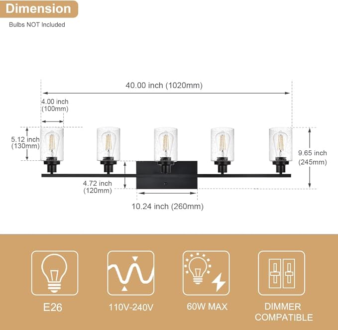 WINSHEN 40 Inches Length Black Bathroom Lighting Fixtures, 5-Light Modern Industrial Wall Sconce Vanity Light Fixture with Seeded Glass for Bedroom Over Mirror