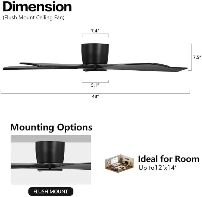 WINGBO 48" Flush Mount DC Ceiling Fans Without Lights, 5 Carved Solid Wood Blades, 6-Speed Reversible DC Motor, Low Profile Hugger Ceiling Fan No Lights for Living Room Bedroom Patio, Matte Black