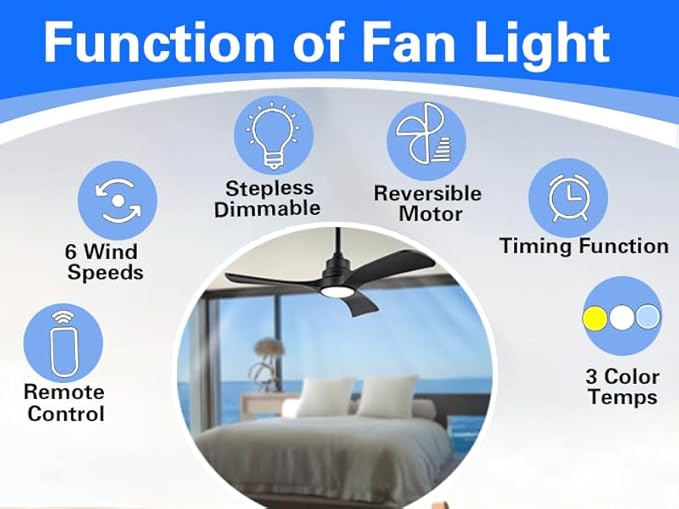 Gaizw Ceiling Fans with Lights, 60 Inch Ceiling Fan with Light and Remote Control, Quiet DC Motor 3 Blade Ceiling Fan for Farmhouse Living Room Bedroom Office Indoor Outdoor(Black Fan)
