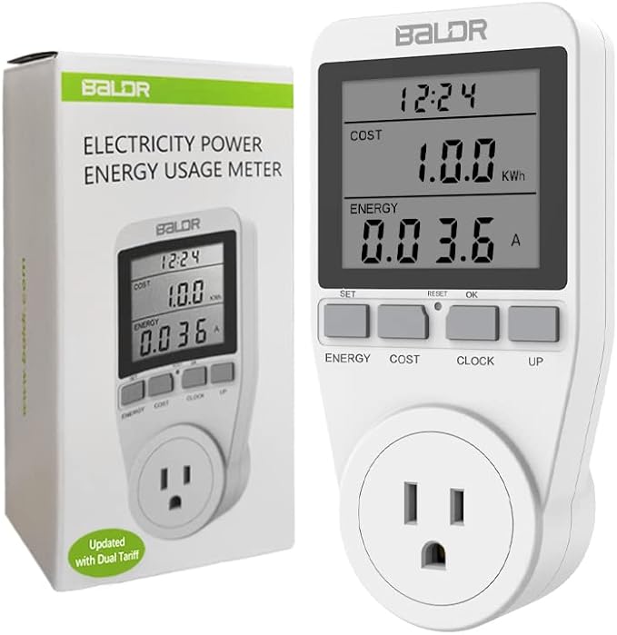 BALDR U.S. Electricity Usage Monitor for Home - Kilowatt Meter Sockets - Wattage Meter Plug In Appliances to Measure Energy Usage - Home Energy Monitor with Easy to Read Display - Home Power Monitor