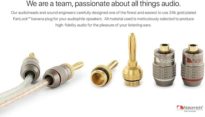 Nakamichi FanLock Excel Series 24k Gold Plated Banana Plugs 10 AWG - 18 AWG Gauge Size 4mm for Speakers Amplifier Hi-Fi Stereo Home Theatre Radio Audio Wire Cable Quick Connector, 10 Pcs (5-Pairs)