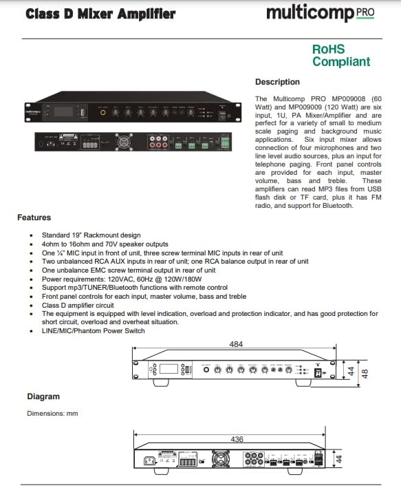Class D Amplifier Mixer, 6 Input, 120W, 8 Ohm and 70V