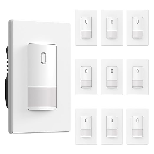 ELEGRP Matte White Single Pole Occupancy Motion Sensor Light Switch, Need Neutral Wire, 120° Sensor Coverage PIR Infrared Motion Activated, for CFL/LED/MLV/INC/HAL/Fan, UL,10 Pack