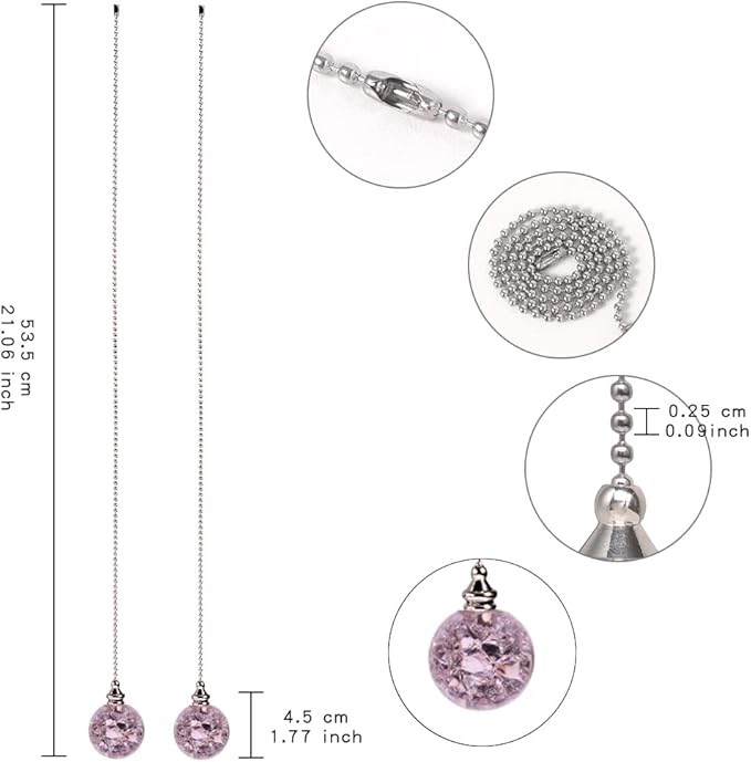 LONGSHENG - SINCE 2001 - 2PCS Pink Modern Crystal Ice Cracked Ball Pull Chain for Ceiling Fan Light Decoration, 50cm Extension Chain