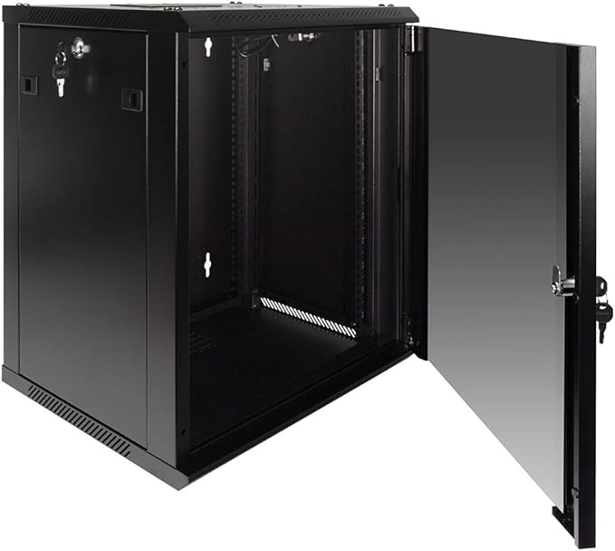 NavePoint 12U Server Rack Enclosure with Glass Door, Cooling Fan, Locks, & Removable Side Panels - 12U Wall Mount Network Cabinet 19 Inch Rack 17.7" Deep (450mm)