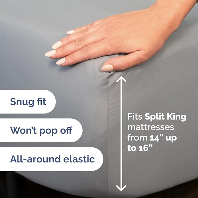 Split Head King Sheet Set – 4 Piece Flex Split Top King Sheets for Adjustable Beds - Fits 14” to 16" Mattress w/ Deep Pockets - Soft, Breathable & Cooling - Luxury Bedding & Wrinkle Free - Steel Blue