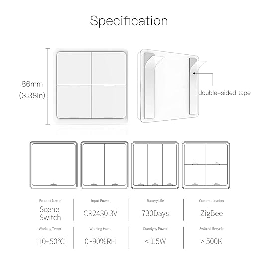 ZigBee Wireless Remote Control Smart Switch Wall Panel Transmitter,Requires MoesGo zigbee Hub,Smart Life/Tuya APP Remote Control, Wireless Button for Smart Home Devices and Scenes White
