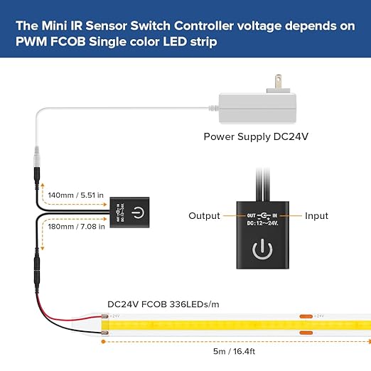 BTF-LIGHTING DC12v-24v MAX 3A Touchless Hand Wave Mini IR Sensor Switch Controller Work with Low Voltage FCOB COB Monochrome Lamp Suit for Cabinets, Doors (No Power or LED Strip)
