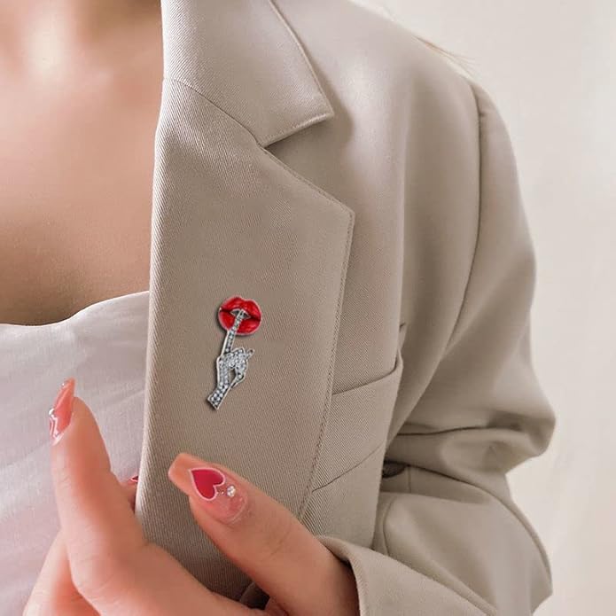 Sexy Red Lips Brooch Rhinestone Quiet Gestures Statement Brooches Lapel Pins Elegant Dress Accessories Suit Tie Art Deco Fashion Imitation Cubic Zirconia Jewelry Lover Gift for Women Girls