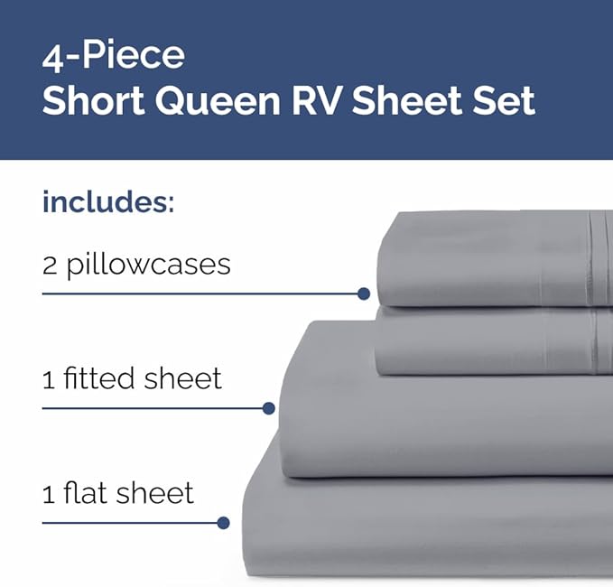 RV Short Queen Sheet Set 60 X 75 - 4 Piece RV Short Queen Bed Sheets - Soft, Breathable & Cooling - Designed for Bunks, Trailers & Campers - Fits 8” to 12" Mattress - Hotel Luxury Bedding - Steel Blue