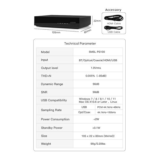 SMSL PS100 Digital to Analog Audio Converter, USB/Optical/Coaxial/HDMI ARC to Stereo L/R RCA Output DDC Digital Toslink SPDIF 192kHz DAC Converter for PS5/HDTV/DVD/Blu-Ray Players/Home Cinema Systems