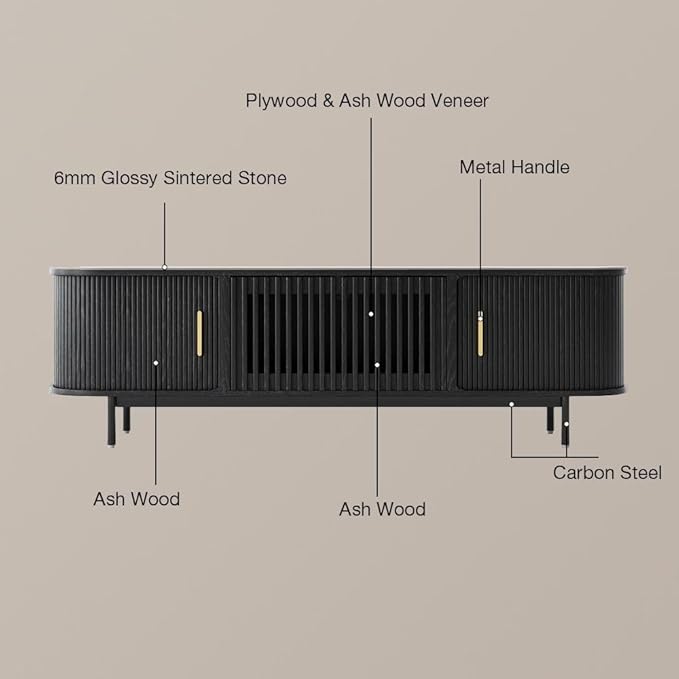 POVISON Sliding Tambour Door TV Stand, Mid Century Modern Sintered Stone TV Console, Wood Media Console for 85 Inch TV, Entertainment Center with Storage Cabinet, Fully-Assembled (Black, 94.49")
