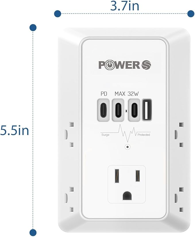 20W PD Fast Charging Wall Outlet with USB Ports (3C1A), Electrical Outlet Extender, Surge Protector, Wall Plug Adapter for Multiple Devices, Wall Socket Expander