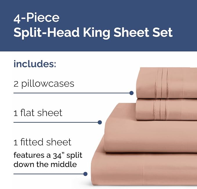 Split Head King Sheet Set – 4 Piece Flex Split Top King Sheets for Adjustable Beds - Fits 14” to 16" Mattress w/ Deep Pockets - Ultra-Soft, Breathable & Cooling - Luxury Bedding & Wrinkle Free - Mauve