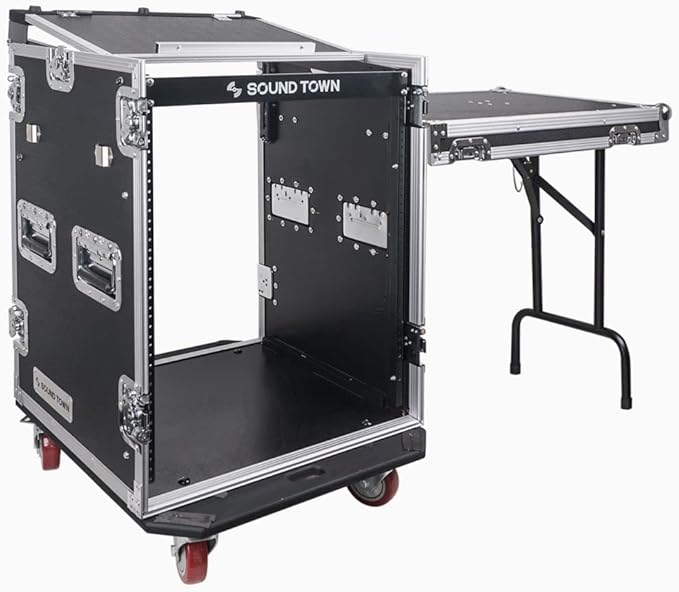Sound Town Heavy-Duty 1/2" (12mm) Plywood 14U PA DJ Pro Audio Rack/Road ATA Case with 11U Slant Mixer Top, Locking Drawer, Side Table, 20’’ Rackable Depth and Casters (STMR-14TD3)