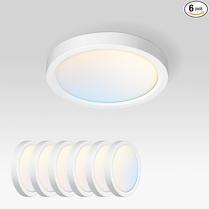ASD LED 5" Round Flush Mount Ceiling Light Fixture, Low Profile Surface Lighting | 5CCT, Dimmable, Ultra-Thin, ETL Listed | 10W 700LM 2700-6000K 120V | Kitchen, Bedroom, Hallway Lamp | White, 6 Pack