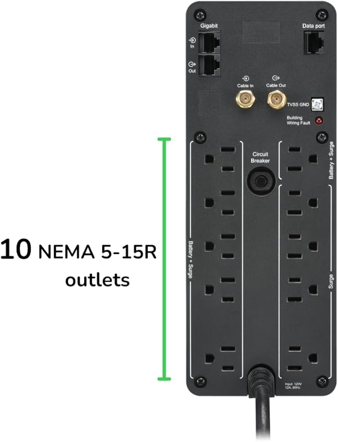 APC UPS 1500VA Sinewave UPS Battery Backup, BR1500MS2 Backup Battery Power Supply, AVR, 10 Outlets, (2) USB Charger Ports