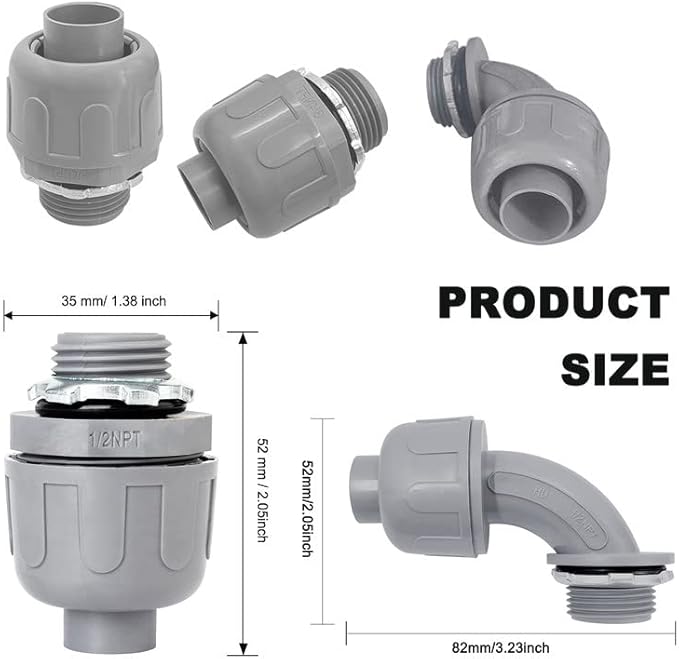 Wocloer 1/2 inch Liquid Tight Connector PVC Flexible Conduit Connector UL Listed Liquid Tight Connector Non-Metallic Electrical Conduit Fittings 12 Pack (8 Pcs 180D/4 Pcs 90D)